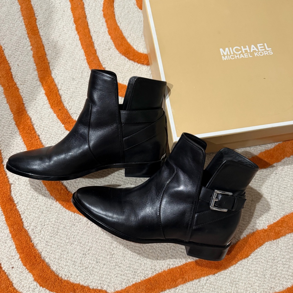 Michael Kors Black Leather Ankle Booties with Side Buckle